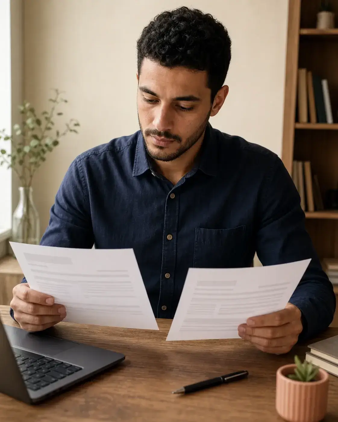 A professional comparing a CV and cover letter at a desk